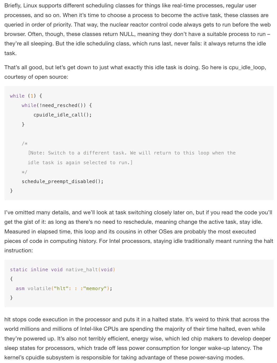 The Linux idle loop and the halt instruction
